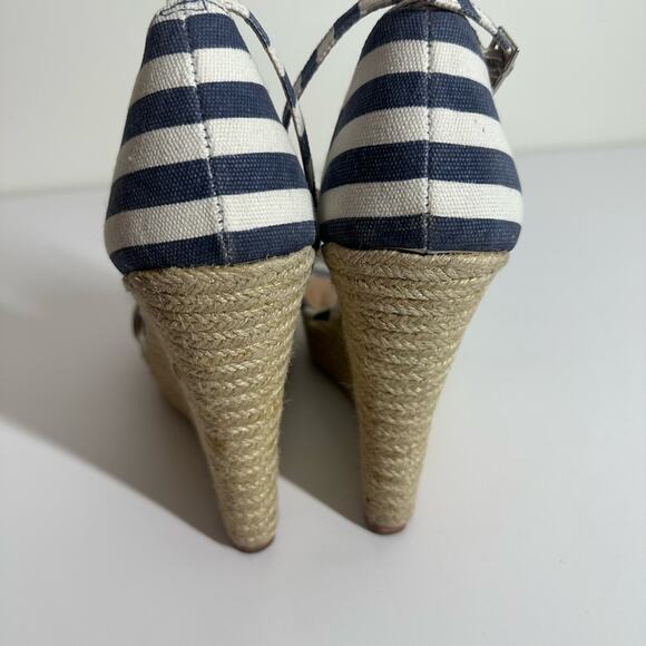 Express Women's Striped Wedge Heels Size 10 Navy White Open Toe Summer Vacation - Picture 8 of 11